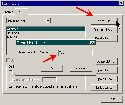 Anlegen der "Term List" Anlegen der "Term List"